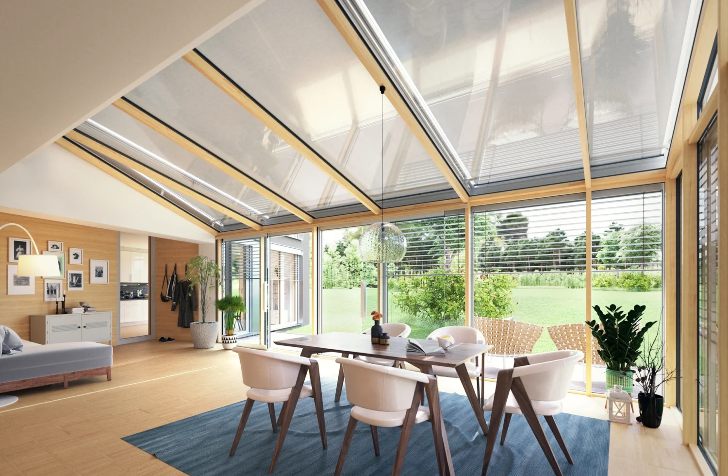 Modernes Wohnzimmer mit Glasdach und Essbereich