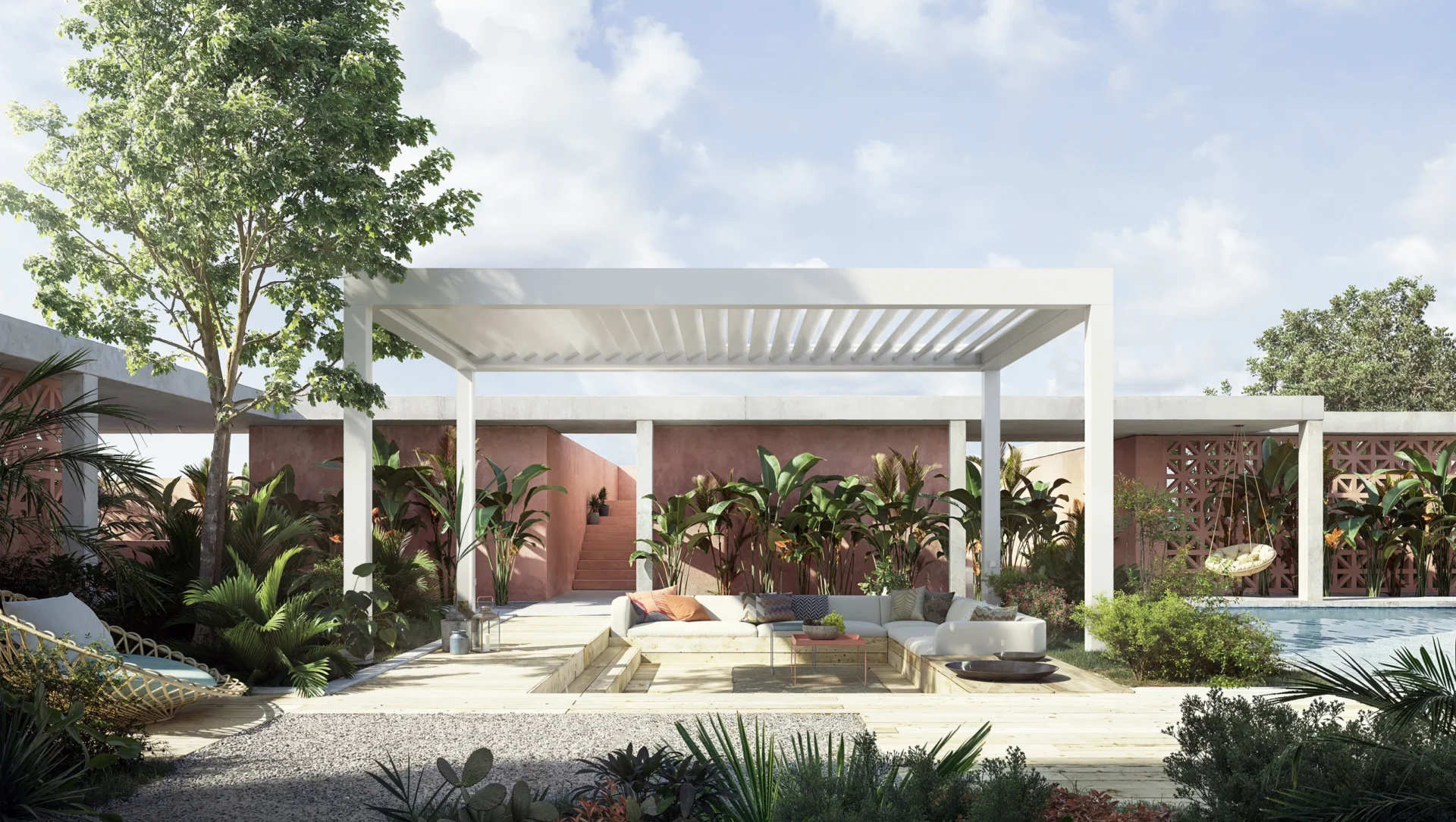 Moderne Gartenlandschaft mit Lounge-Bereich und Pergola